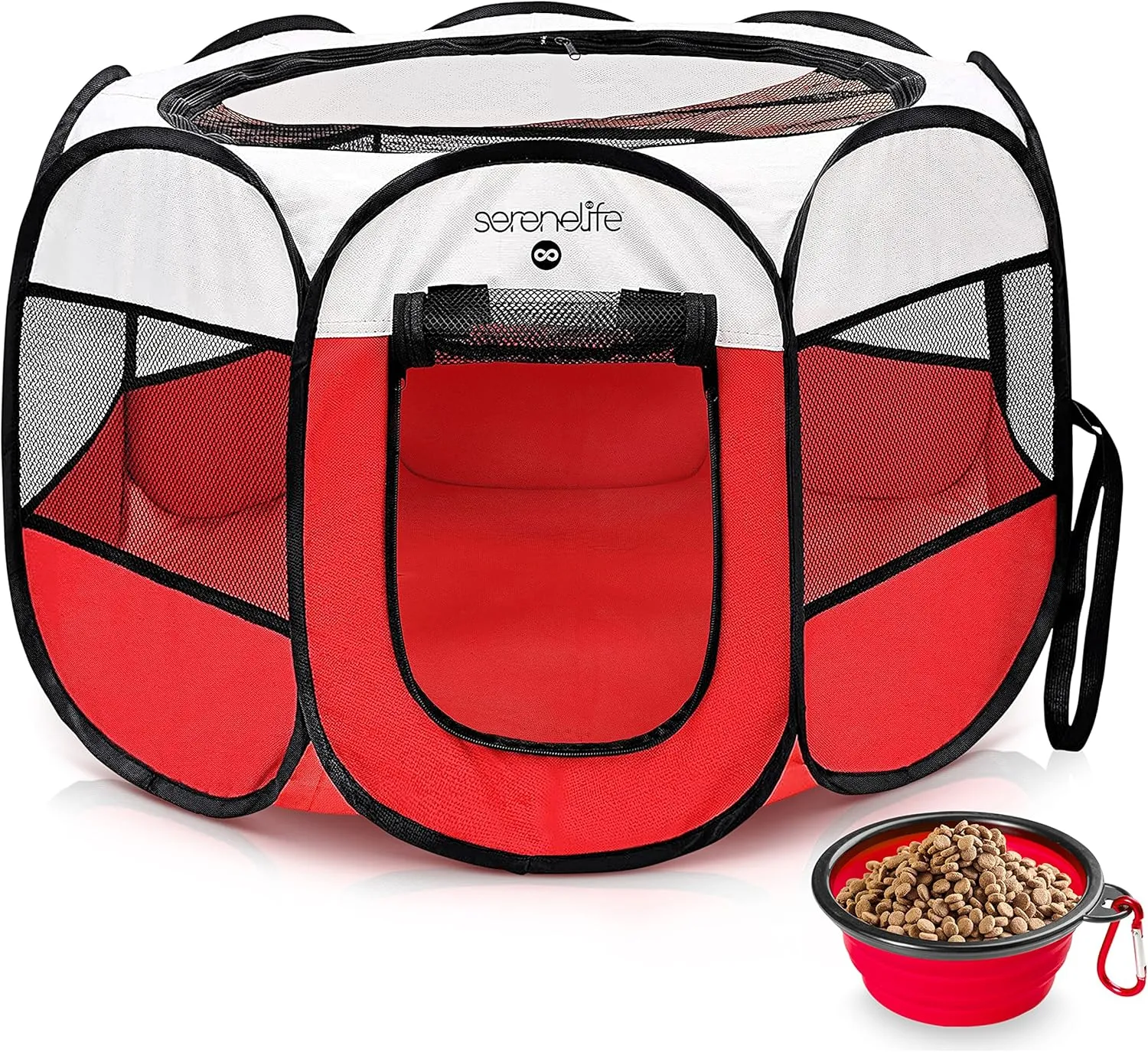 SereneLife Medium Foldable Pet Playpen for Dogs & Cats - Portable 8-Panel Mesh Indoor and Outdoor Pet Tent with Removable Top & Collapsible Bowl, Lightweight Play Space for Small to Medium Pets, Red