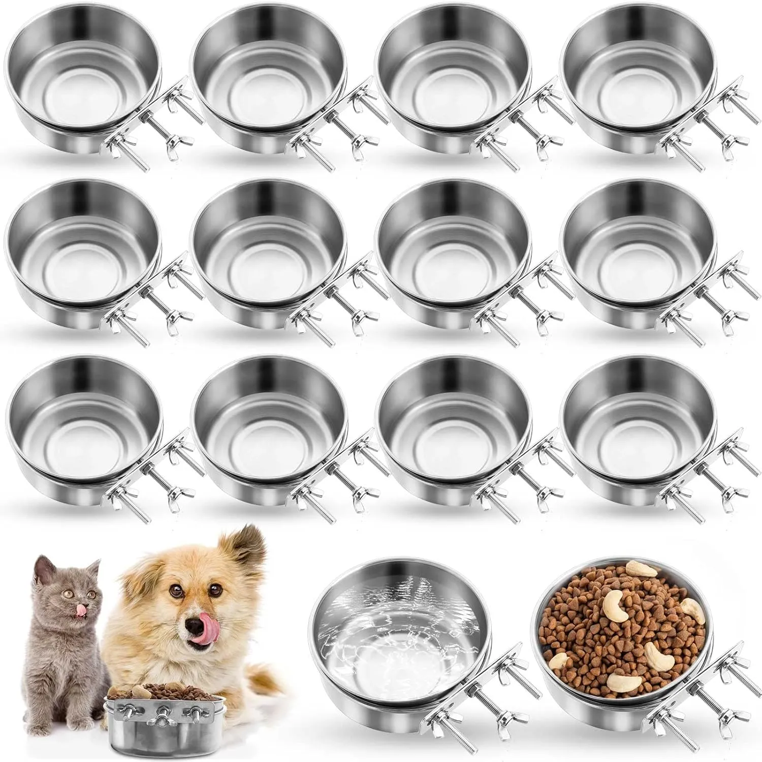 Silkfly 14 Pcs Pet Dog Food Water Bowl Hanging Stainless Steel Bowls with Clamp Holder Detectable Cats Dog Crate Water Bowl Non Spill Metal Feeder for Cage Kennel (4.72 x 1.97 Inch)