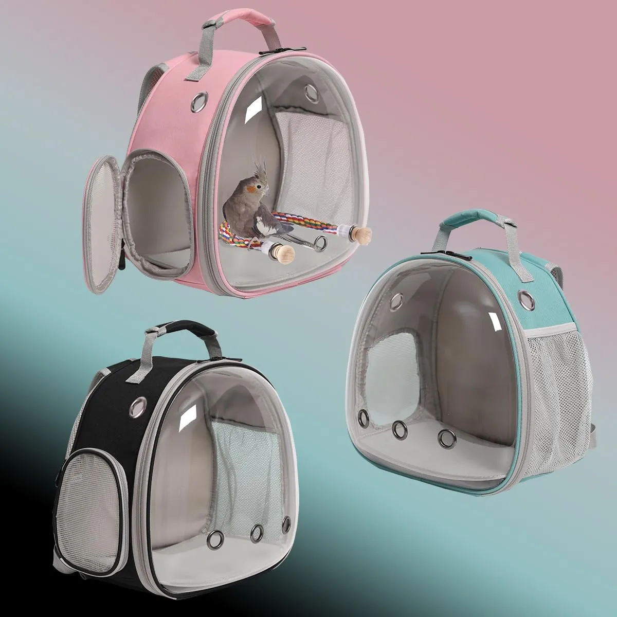 Small Bird Travel Backpack Carrier Cage, Backpack to Transport Backpack Carrier with Metal Tray Stand Perch for Parakeet Cockatiel Budgies Vet Carry Book Bag Green
