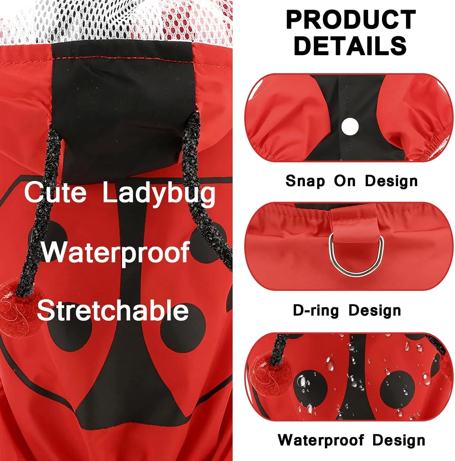 SMALLLEE_LUCKY_STORE Cute Ladybug Waterproof Dog Raincoats with Hood for Small Medium Dogs with Leash D-Ring Lightweight Pet Rain Jacket Puppy Poncho Chihuahua Clothes, Red, M