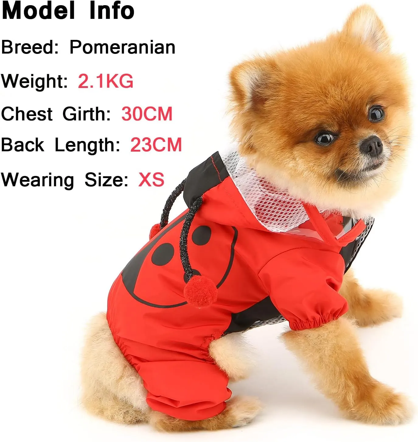 SMALLLEE_LUCKY_STORE Cute Ladybug Waterproof Dog Raincoats with Hood for Small Medium Dogs with Leash D-Ring Lightweight Pet Rain Jacket Puppy Poncho Chihuahua Clothes, Red, M
