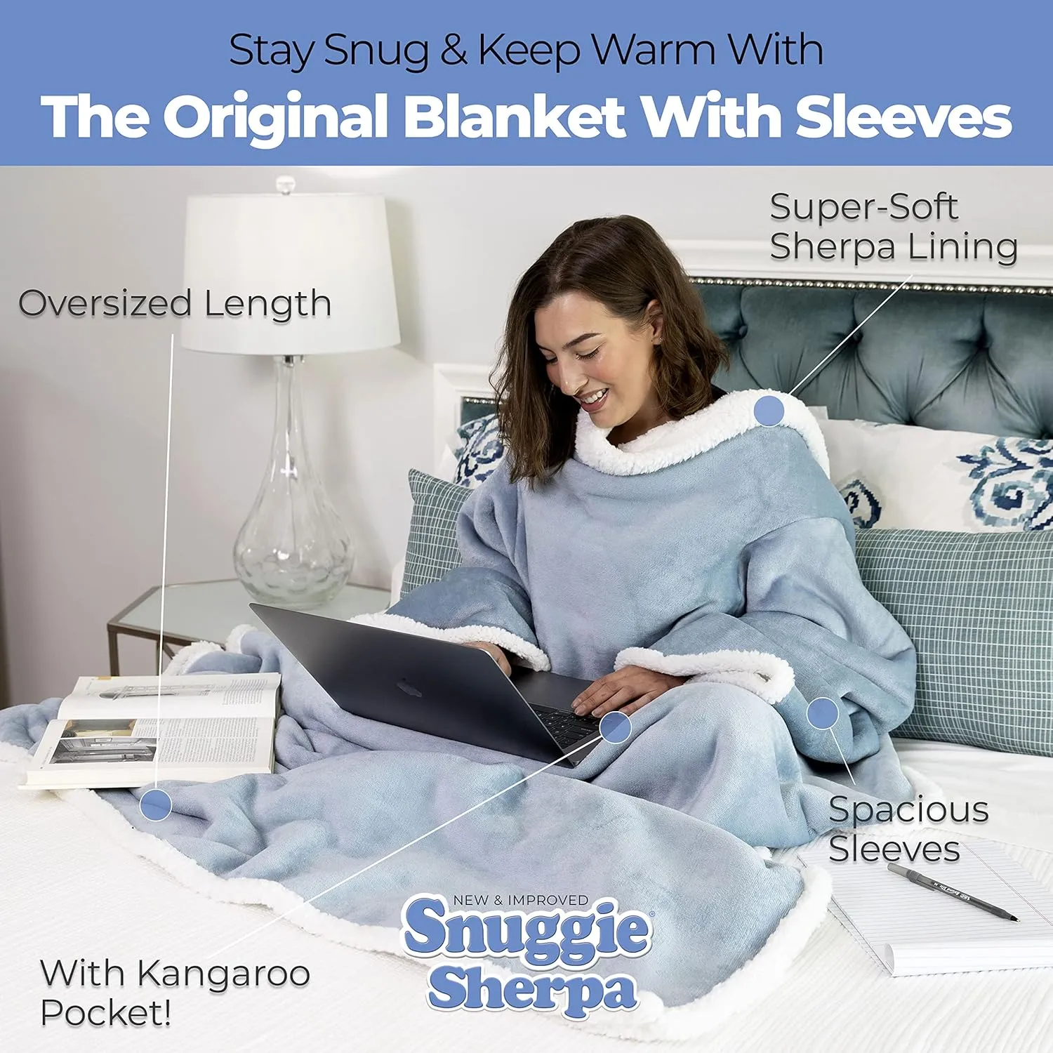 Snuggie Sherpa The Original Wearable Blanket With Sleeves For Adults| Functional Warm & Cozy Super Soft Dusty Blue