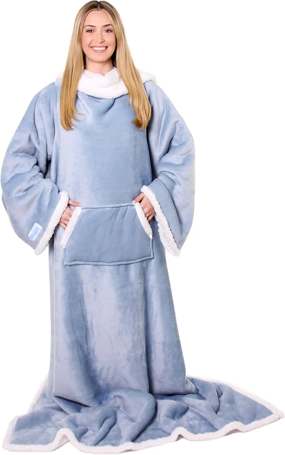 Snuggie Sherpa The Original Wearable Blanket With Sleeves For Adults| Functional Warm & Cozy Super Soft Dusty Blue