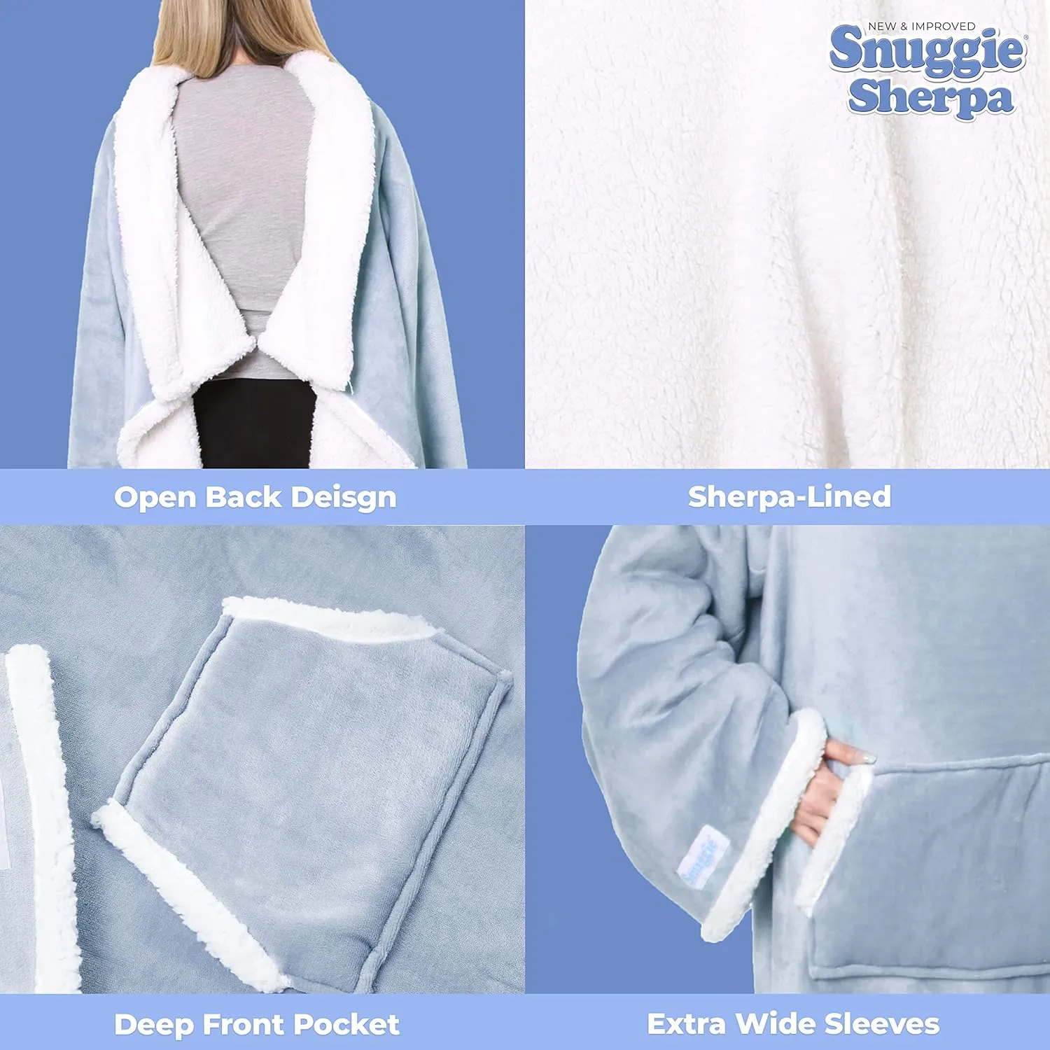 Snuggie Sherpa The Original Wearable Blanket With Sleeves For Adults| Functional Warm & Cozy Super Soft Dusty Blue