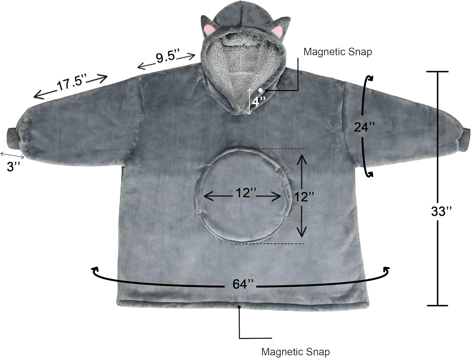 Solaris Cat Wearable Blanket Hoodie for Kids - Warm Soft Gift, Oversized Cozy Sherpa Fleece Sweatshirt Pullover for Teens, Girls, Boys, Large Pocket, Gray