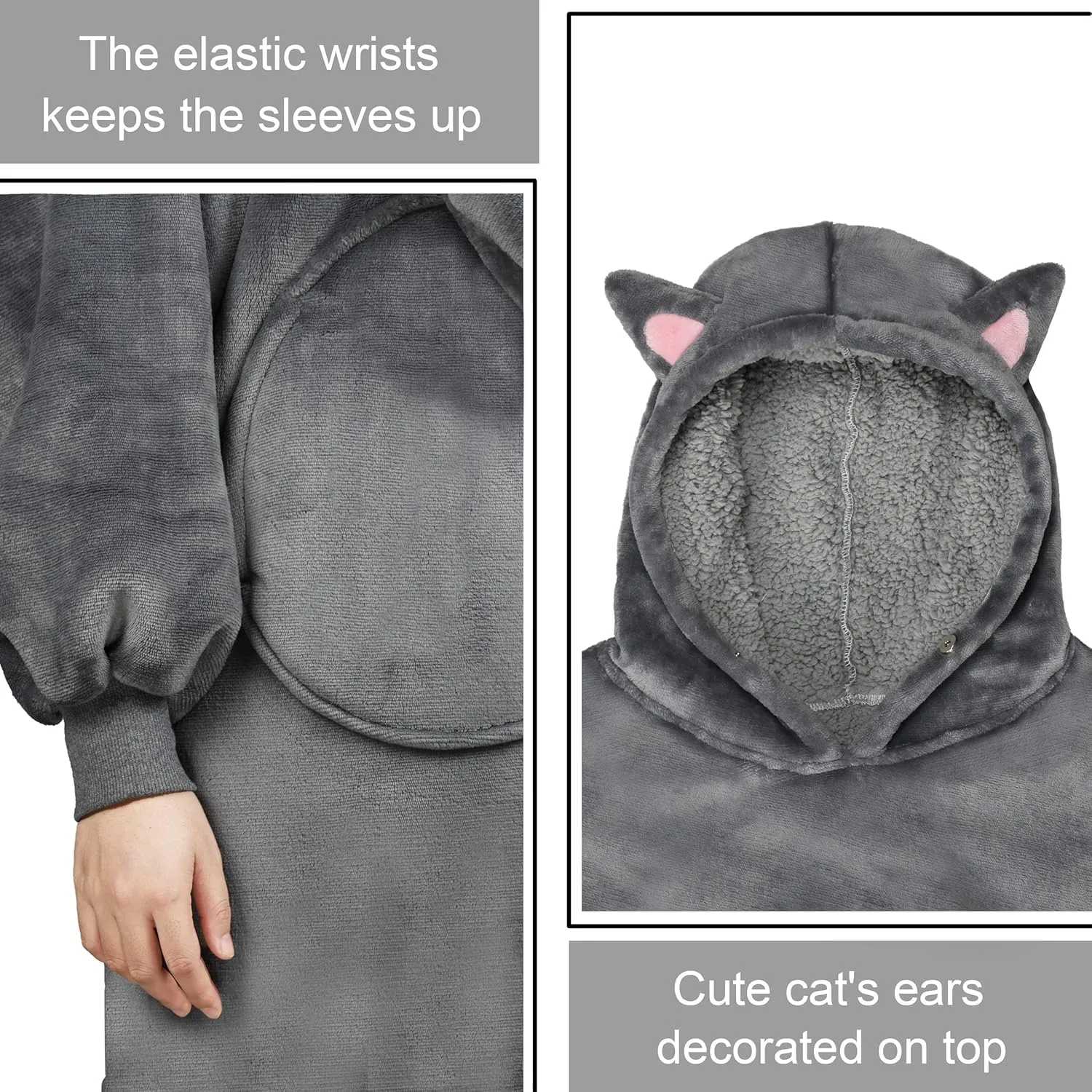 Solaris Cat Wearable Blanket Hoodie for Kids - Warm Soft Gift, Oversized Cozy Sherpa Fleece Sweatshirt Pullover for Teens, Girls, Boys, Large Pocket, Gray