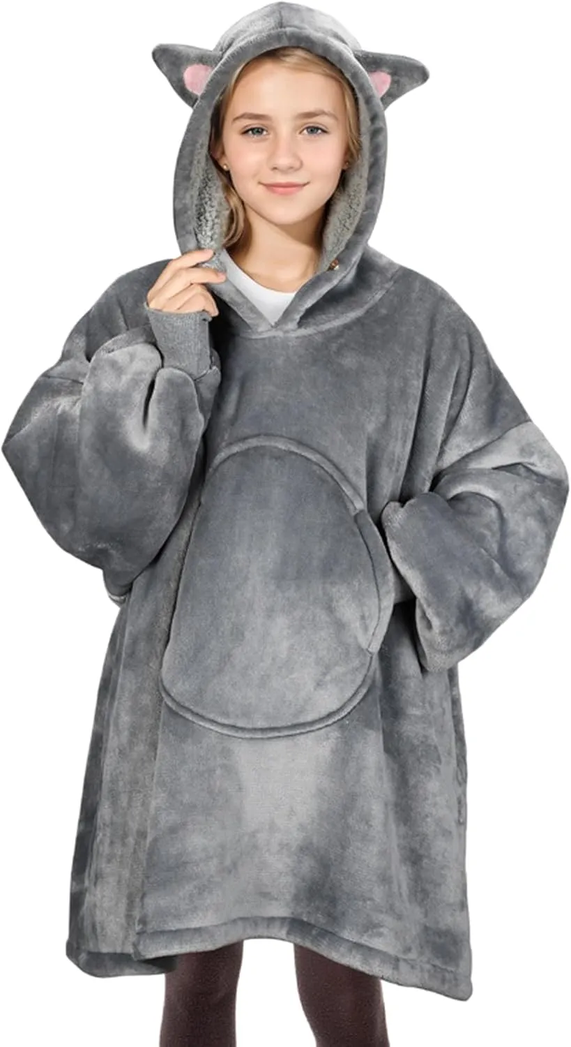 Solaris Cat Wearable Blanket Hoodie for Kids - Warm Soft Gift, Oversized Cozy Sherpa Fleece Sweatshirt Pullover for Teens, Girls, Boys, Large Pocket, Gray