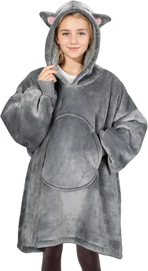 Solaris Cat Wearable Blanket Hoodie for Kids - Warm Soft Gift, Oversized Cozy Sherpa Fleece Sweatshirt Pullover for Teens, Girls, Boys, Large Pocket, Gray