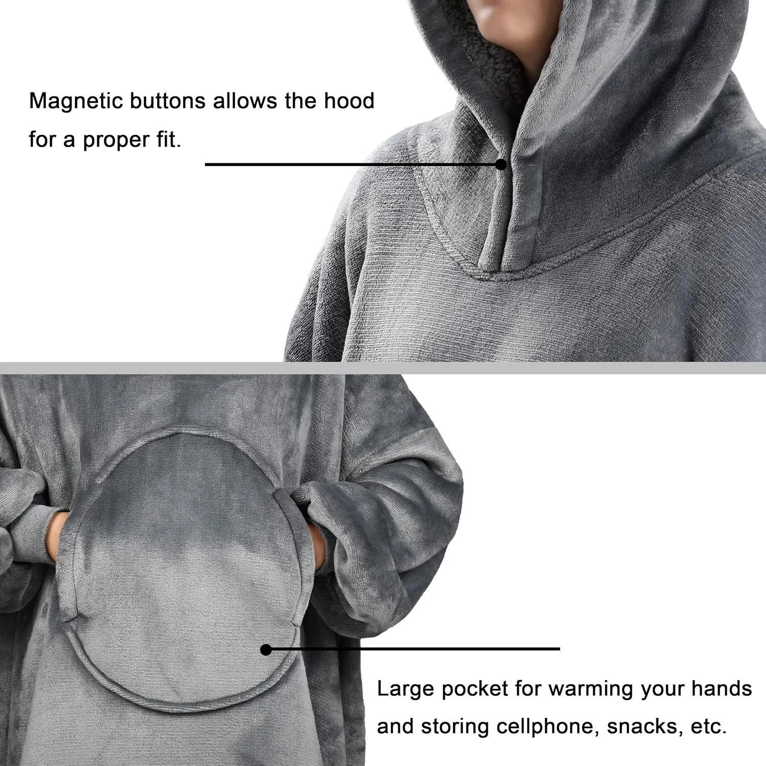 Solaris Cat Wearable Blanket Hoodie for Kids - Warm Soft Gift, Oversized Cozy Sherpa Fleece Sweatshirt Pullover for Teens, Girls, Boys, Large Pocket, Gray