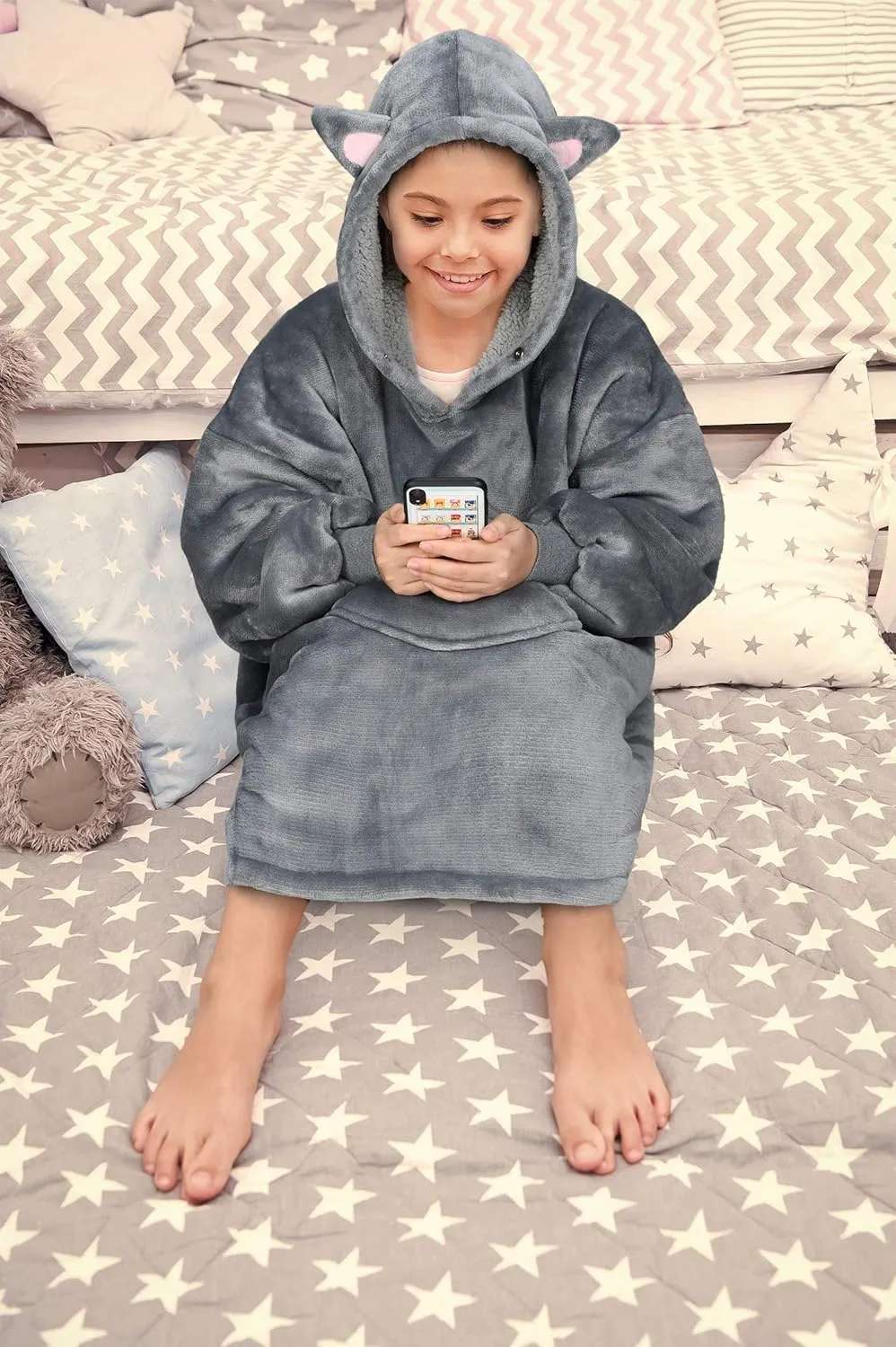Solaris Cat Wearable Blanket Hoodie for Kids - Warm Soft Gift, Oversized Cozy Sherpa Fleece Sweatshirt Pullover for Teens, Girls, Boys, Large Pocket, Gray
