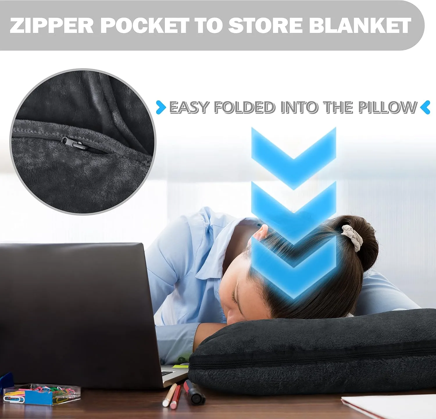 Solaris Travel Wearable Blanket with Sleeves, 2 in 1 Packable Airplane Pillow Blanket for Adult Women Men, Soft Cozy Warm Snuggy Body Blanket for Outdoor Indoor Home Lounge, Black