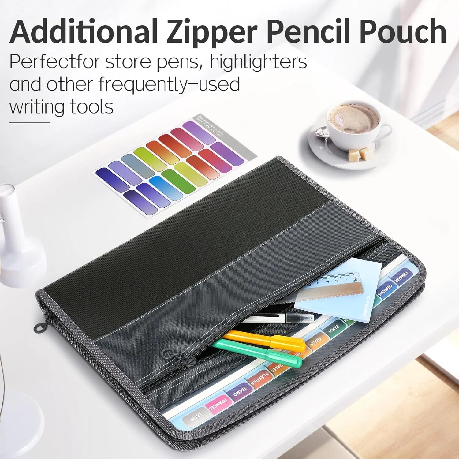 Sooez Accordion File Organizer with Safe Zipper, 12 Pocket Expanding File Folder with Front Pencil Pouch, Portable Monthly Paper Bill Tax Receipt Organizer, School Office Supplies, Letter Size, Grey