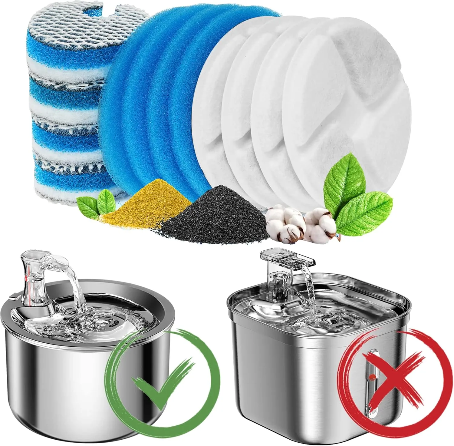 Stainless Steel Cat Water Fountain Filters 6 Pack Cat Fountain Filter Replacement, 3 Triple Filtration System, Activated Carbon Filters for 67oz/2L Automatic Pet Fountain Filter, RCWFF6