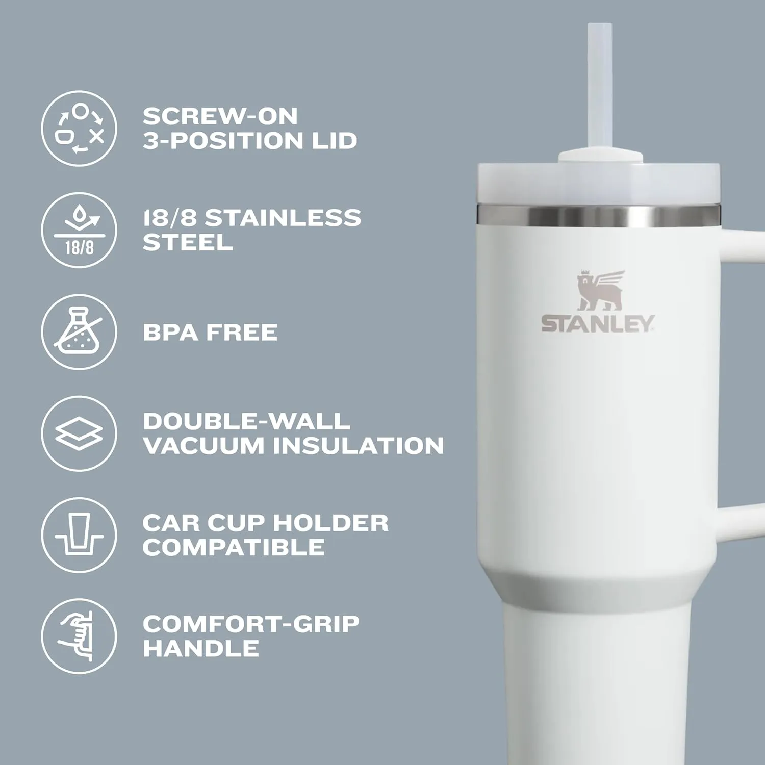 Stanley Quencher H2.0 Tumbler with Handle and Straw 30 oz | Flowstate 3-Position Lid | Cup Holder Compatible for Travel | Insulated Stainless Steel Cup | BPA-Free | Frost