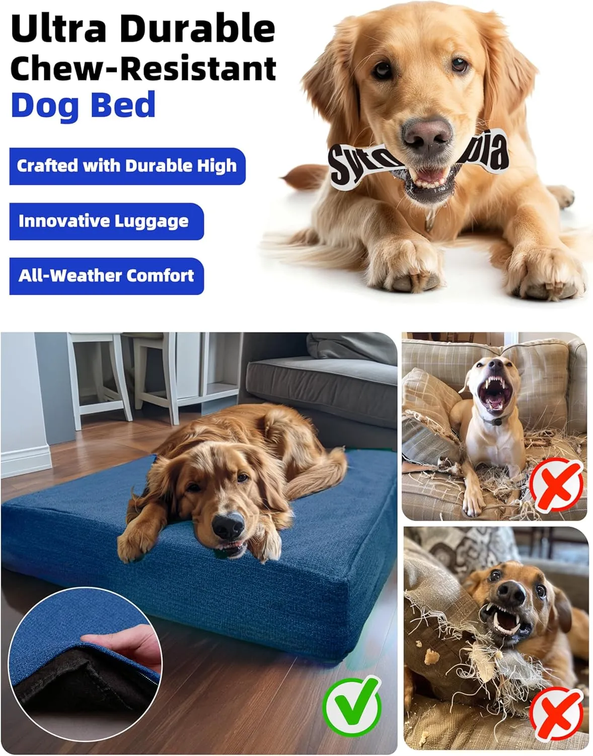 Sytopia 36" Chew-Proof Dog Bed, L, Outdoor Waterproof Pet Bed for Large Dogs, Washable, Orthopedic, Dog Crate Pad, Navy Blue