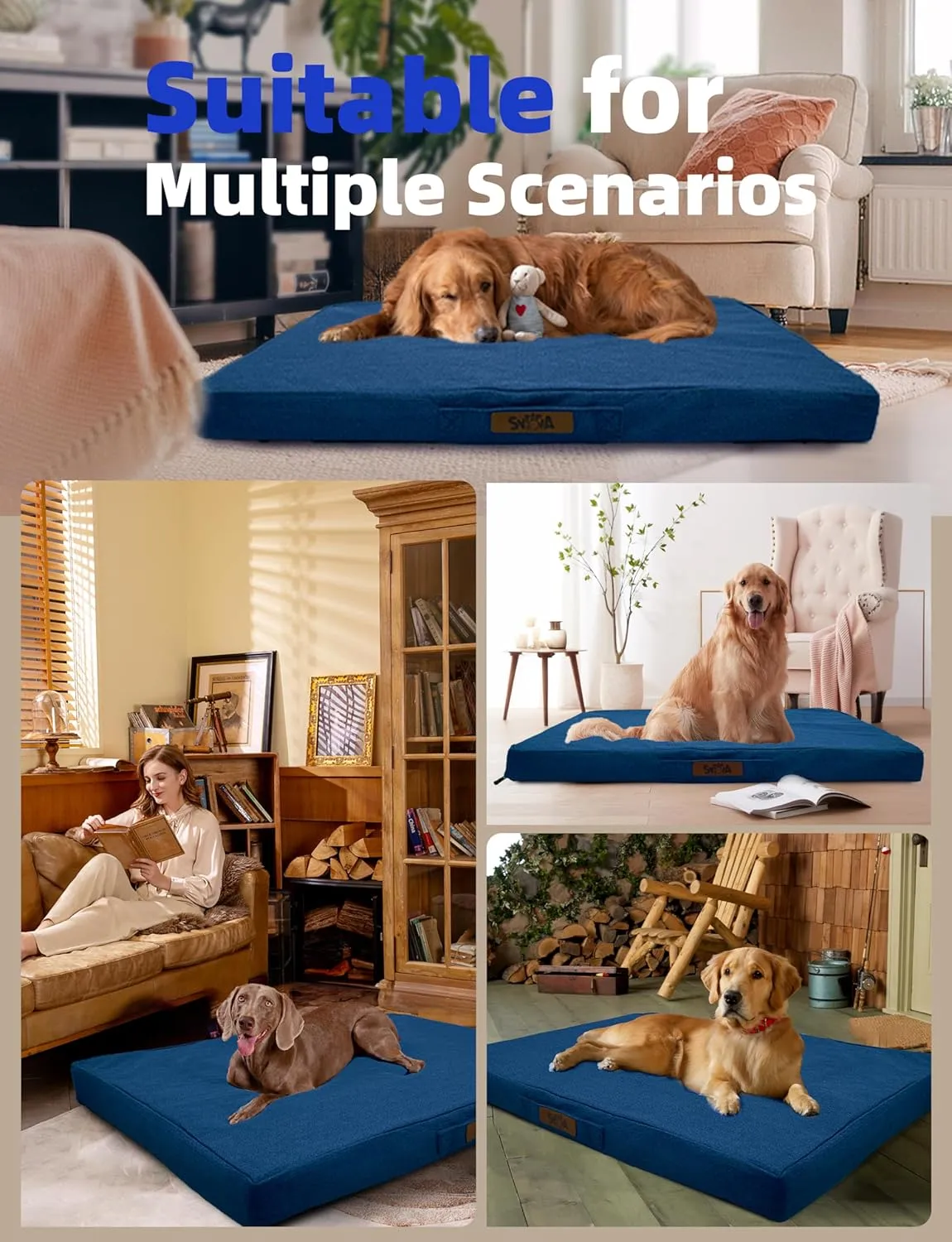 Sytopia 36" Chew-Proof Dog Bed, L, Outdoor Waterproof Pet Bed for Large Dogs, Washable, Orthopedic, Dog Crate Pad, Navy Blue