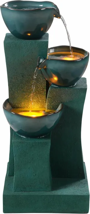 Teamson Home 28.54 in. 3-Tier Cascading Outdoor Water Fountain with LED Lights for Gardens, Landscaping, Patios, Balconies, Lawns, Green