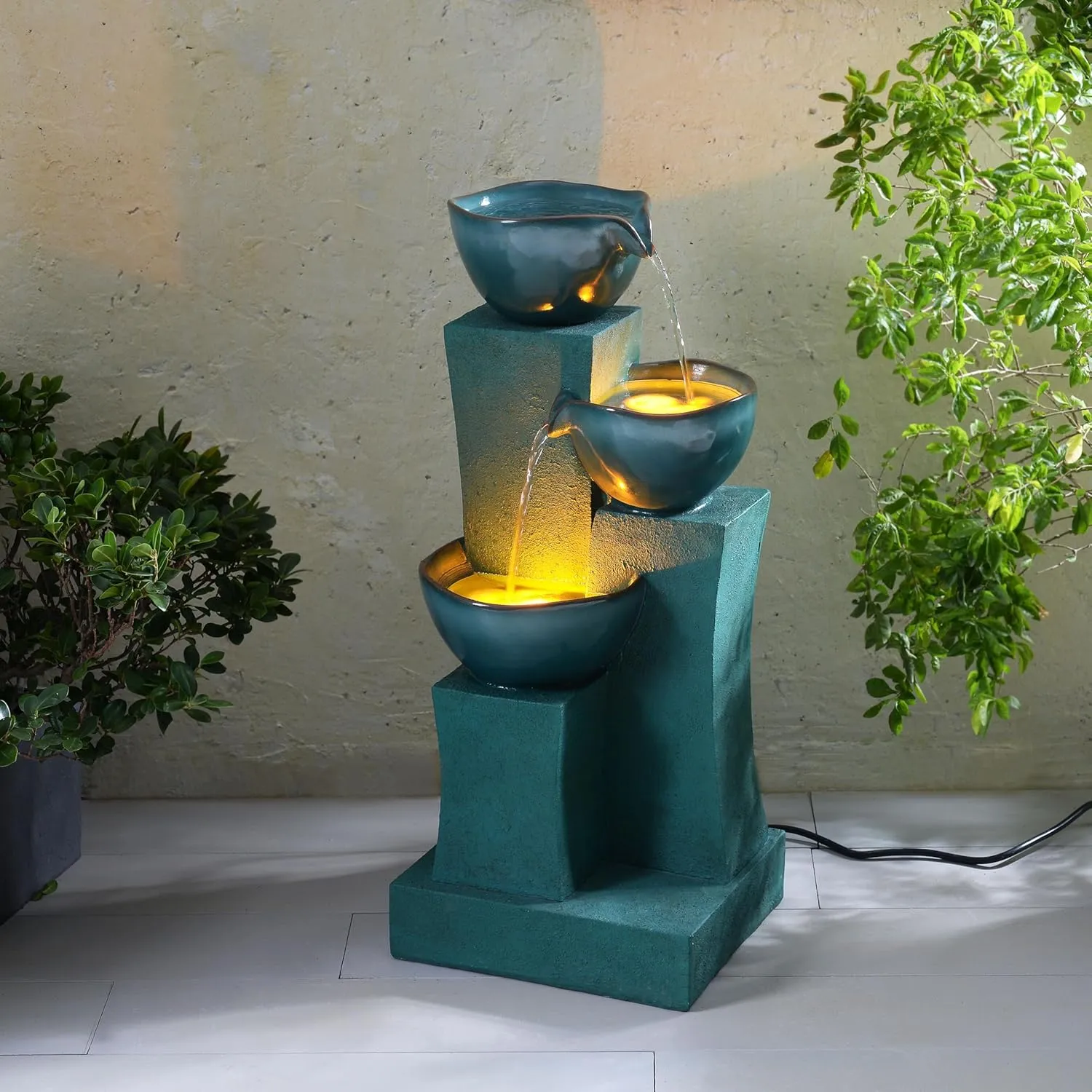 Teamson Home 28.54 in. 3-Tier Cascading Outdoor Water Fountain with LED Lights for Gardens, Landscaping, Patios, Balconies, Lawns, Green