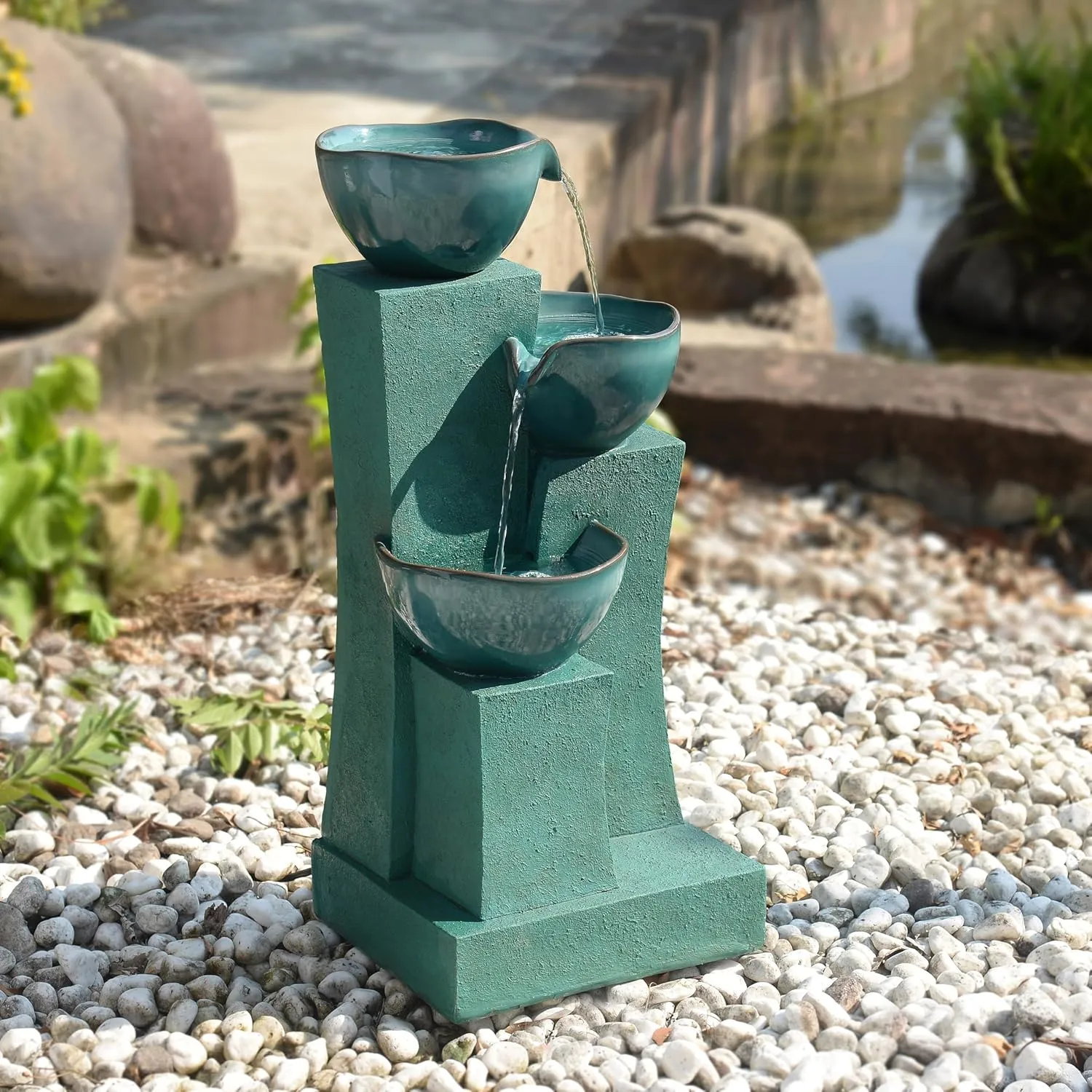 Teamson Home 28.54 in. 3-Tier Cascading Outdoor Water Fountain with LED Lights for Gardens, Landscaping, Patios, Balconies, Lawns, Green