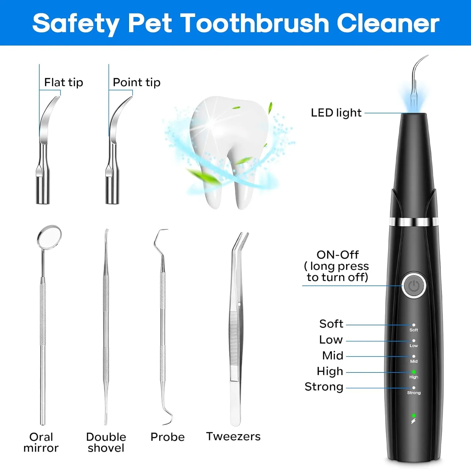 Ultrasonic Dog Teeth Cleaning Kit for Pet Teeth Cleaning, Dog Plaque Remover for Teeth, 5 Modes Dog Tartar Remover for Teeth Care to Remove Stains Calculus, 10 in 1 Pet Cleaner Toothbrush