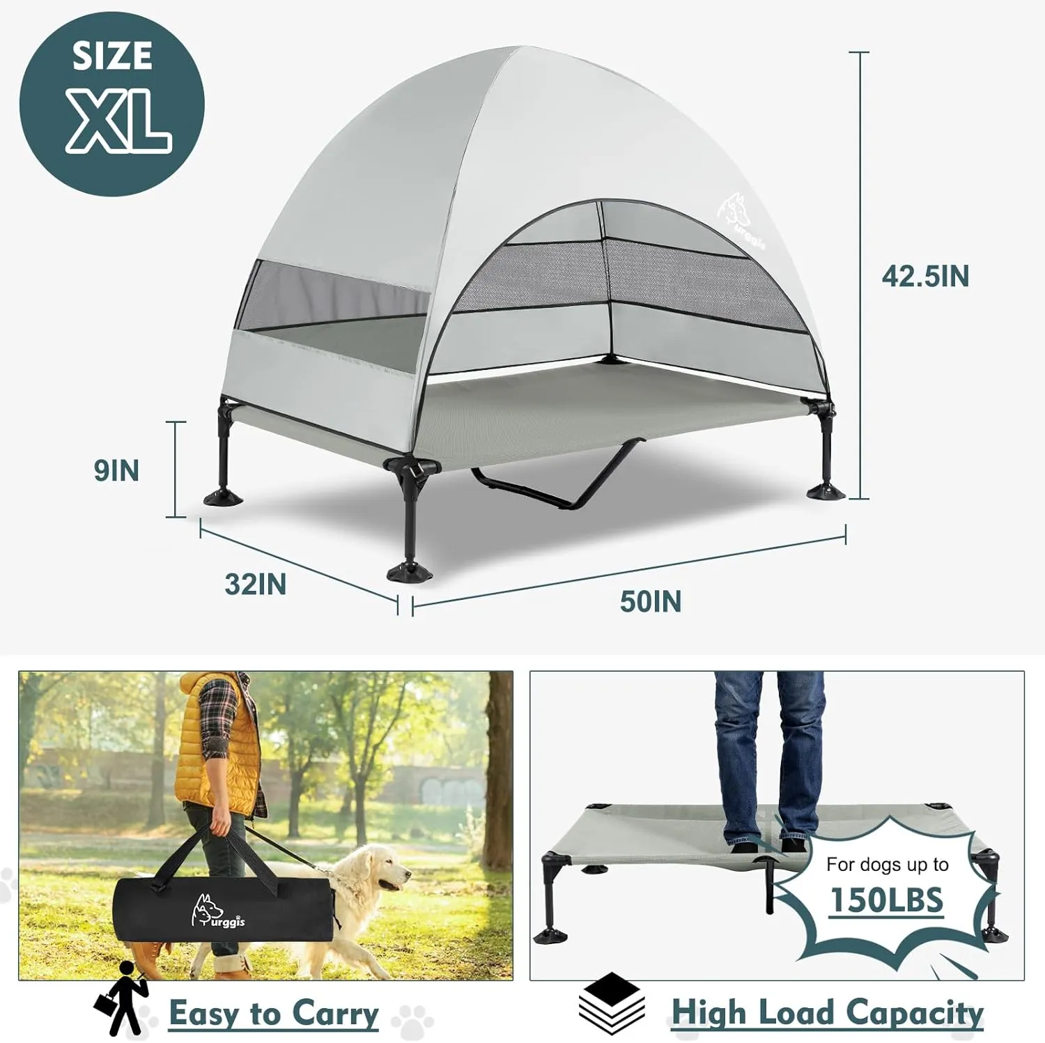 Upgraded Elevated Dog Bed with Canopy, Portable Raised Outdoor Dog Bed with Stable Anti-Slip Feet, Removable Wider Shade, Raised Dogs Cot for Large Pets Camping, Indoor & Outdoor Use