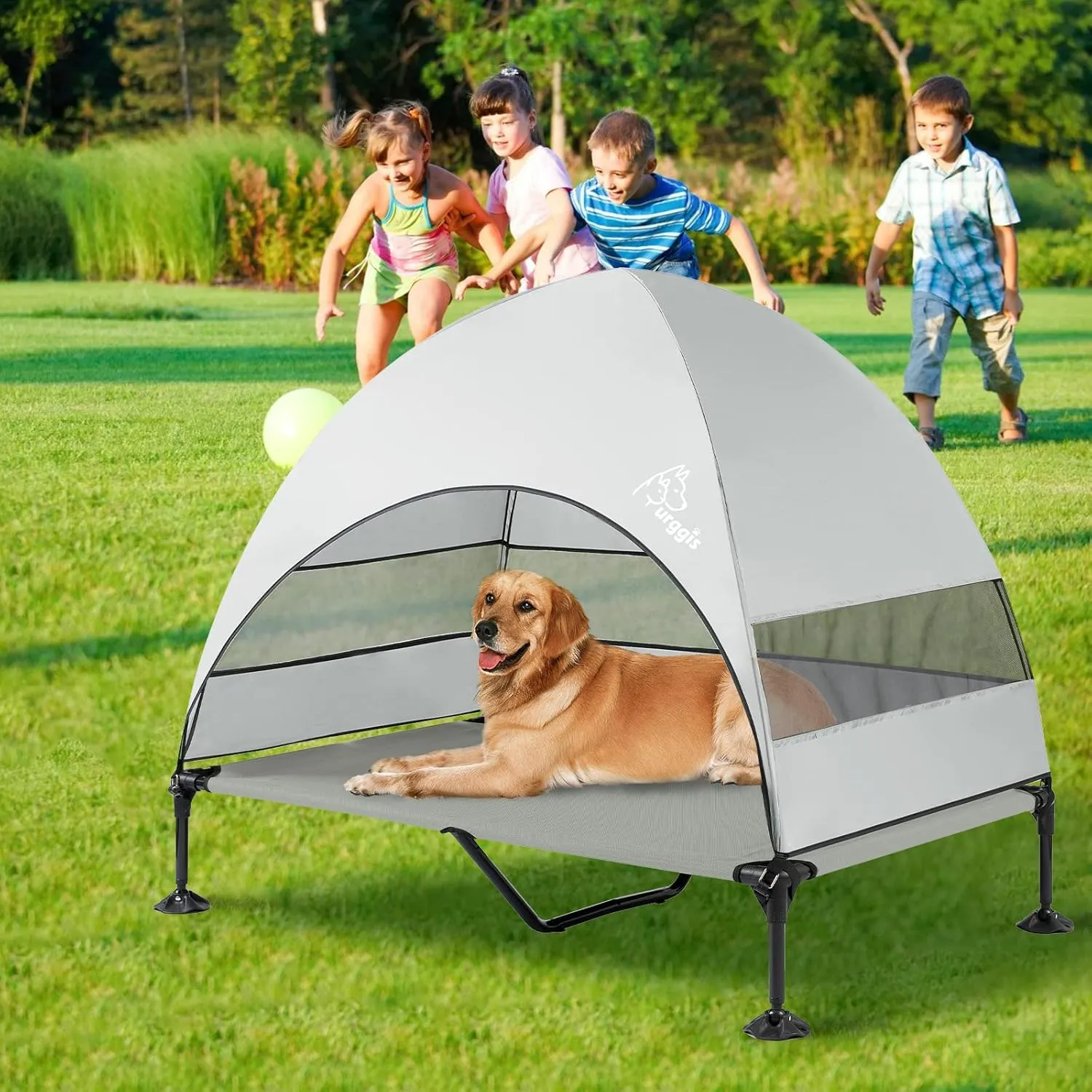 Upgraded Elevated Dog Bed with Canopy, Portable Raised Outdoor Dog Bed with Stable Anti-Slip Feet, Removable Wider Shade, Raised Dogs Cot for Large Pets Camping, Indoor & Outdoor Use