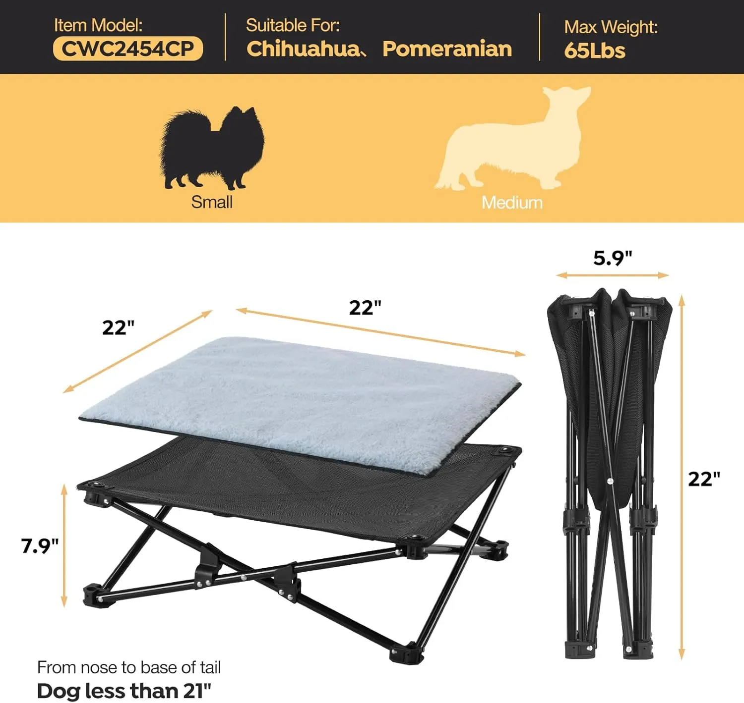Veehoo 22" Small Outdoor Elevated Dog Cot, Travel Foldable Dog Bed, 2 in 1 Portable Camping Cat Hammock with Removable Reversible Cotton Pad, Suitable for Winter and Summer, CWC2454CP