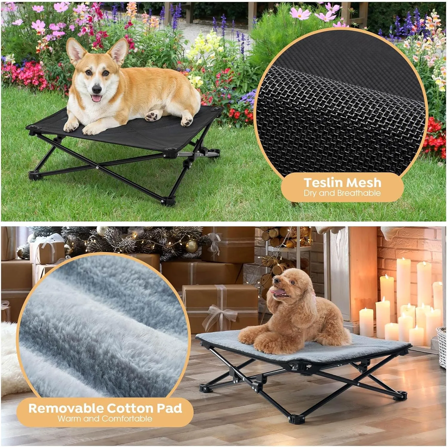 Veehoo 22" Small Outdoor Elevated Dog Cot, Travel Foldable Dog Bed, 2 in 1 Portable Camping Cat Hammock with Removable Reversible Cotton Pad, Suitable for Winter and Summer, CWC2454CP