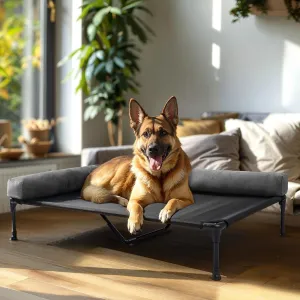 Veehoo Elevated Dog Bed-Raised Cooling Outdoor Dog Cot for Large Sized Dogs Outside Off Ground with Breathable Mesh & No-Slip Feet Pet Hammock Bed with Removable Bolster-49 x 33" Black