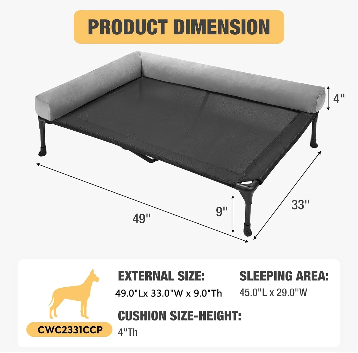 Veehoo Elevated Dog Bed-Raised Cooling Outdoor Dog Cot for Large Sized Dogs Outside Off Ground with Breathable Mesh & No-Slip Feet Pet Hammock Bed with Removable Bolster-49 x 33" Black