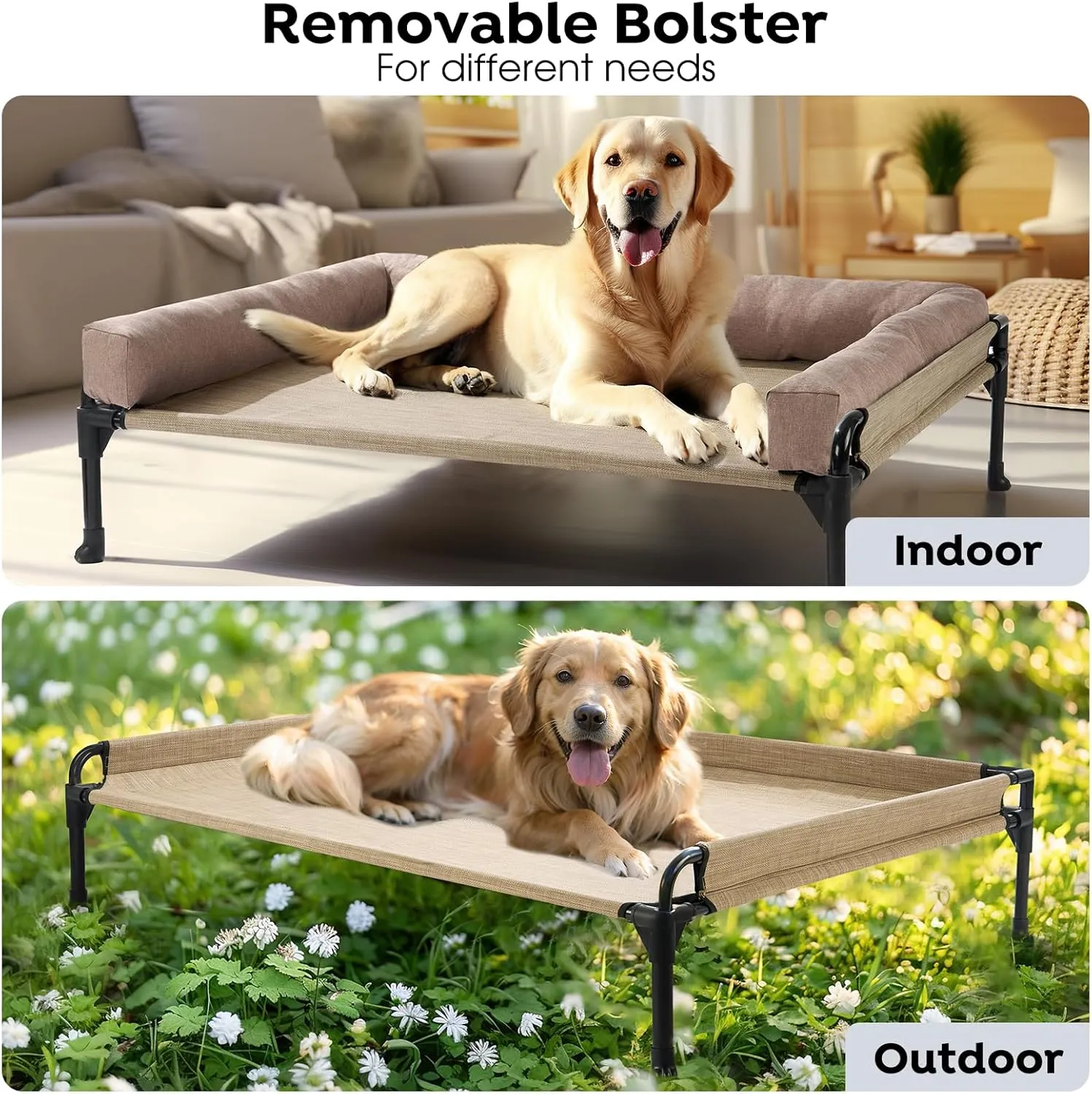 Veehoo Elevated Raised Dog Bed-Cooling Outdoor Dog Cot Bed for Medium Sized Dogs Three-Sided Fence Raised Pet Cot with Mesh &No-Slip Feet Dog Hammock Bed with Removable Bolster-29 x 18" Beige Coffee