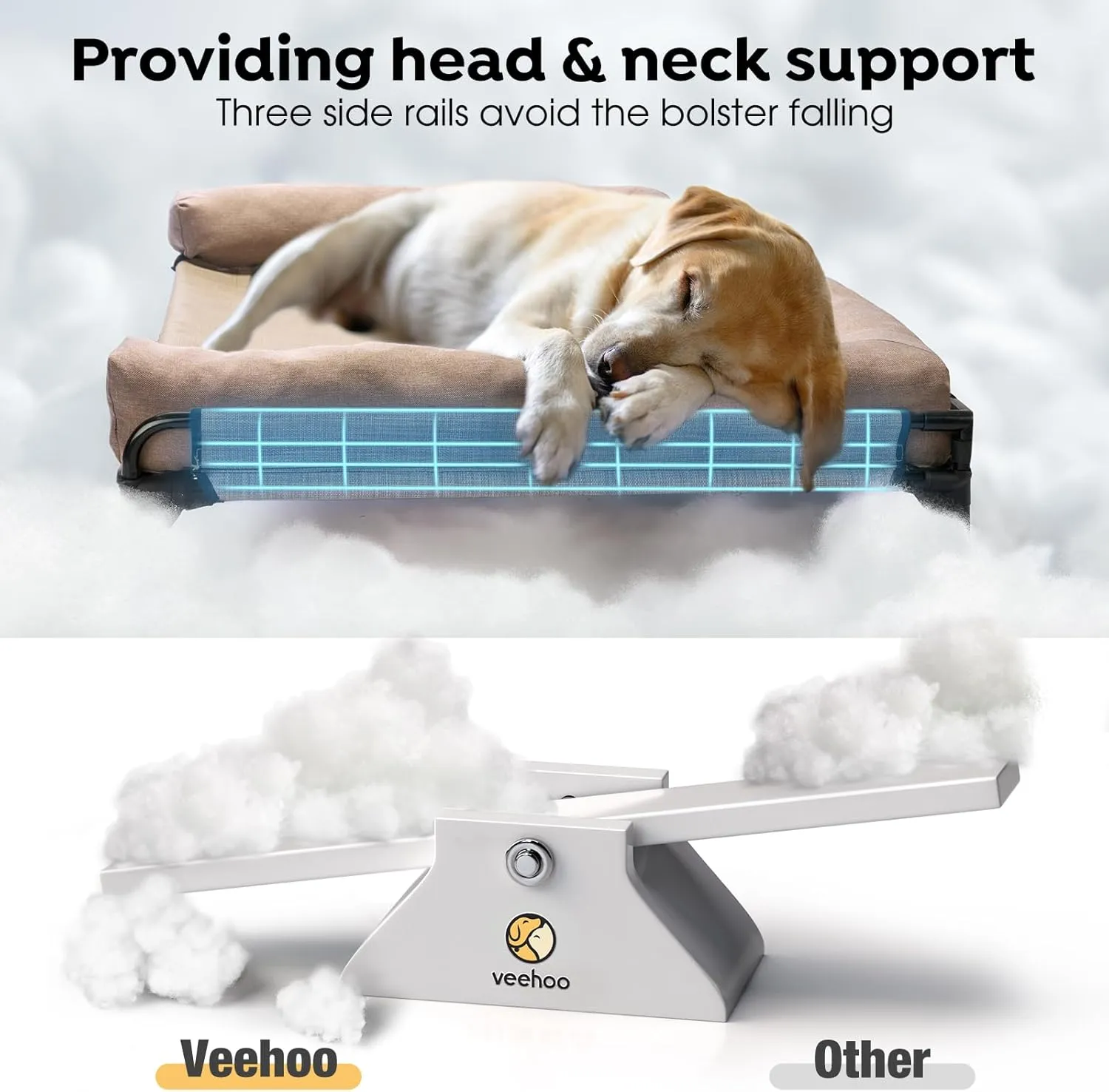Veehoo Elevated Raised Dog Bed-Cooling Outdoor Dog Cot Bed for Medium Sized Dogs Three-Sided Fence Raised Pet Cot with Mesh &No-Slip Feet Dog Hammock Bed with Removable Bolster-29 x 18" Beige Coffee