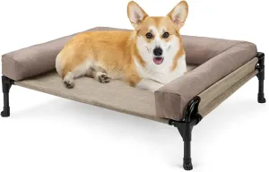 Veehoo Elevated Raised Dog Bed-Cooling Outdoor Dog Cot Bed for Medium Sized Dogs Three-Sided Fence Raised Pet Cot with Mesh &No-Slip Feet Dog Hammock Bed with Removable Bolster-29 x 18" Beige Coffee