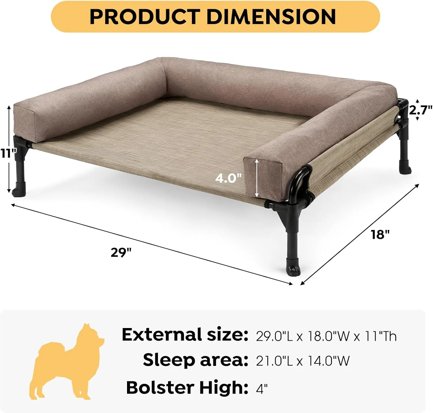 Veehoo Elevated Raised Dog Bed-Cooling Outdoor Dog Cot Bed for Medium Sized Dogs Three-Sided Fence Raised Pet Cot with Mesh &No-Slip Feet Dog Hammock Bed with Removable Bolster-29 x 18" Beige Coffee