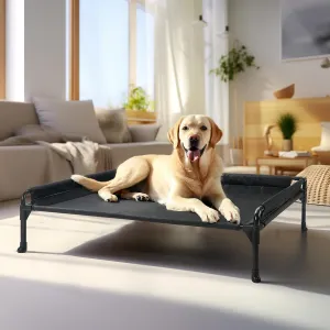 Veehoo Elevated Raised Dog Bed-Cooling Outdoor Dog Cots for Large Sized Dogs Three-Sided Fence Raised Pet Cot with Durable & Breathable Mesh & No-Slip Feet Pet Hammock Bed-35"x 22" Black