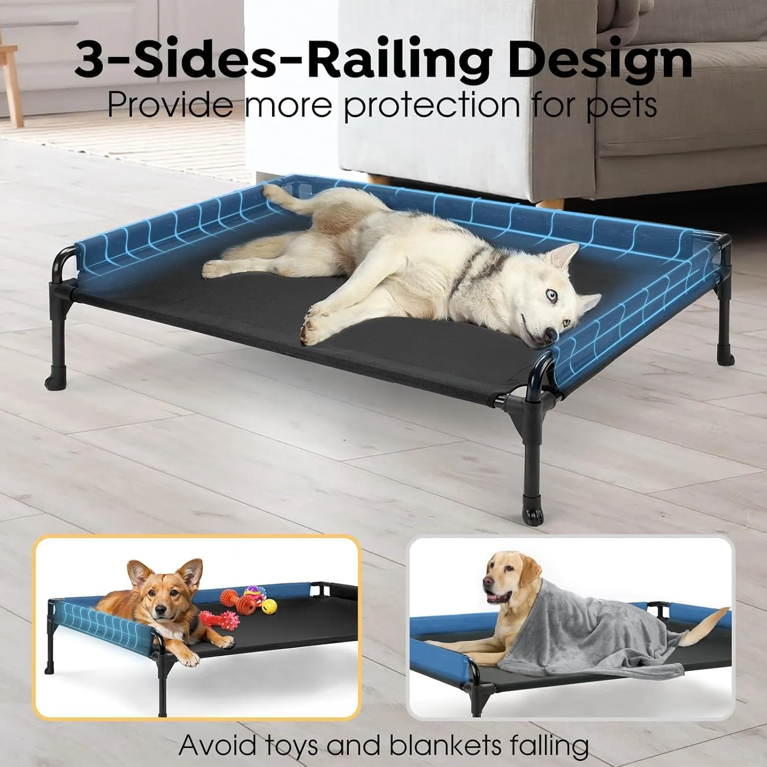 Veehoo Elevated Raised Dog Bed-Cooling Outdoor Dog Cots for Large Sized Dogs Three-Sided Fence Raised Pet Cot with Durable & Breathable Mesh & No-Slip Feet Pet Hammock Bed-35"x 22" Black