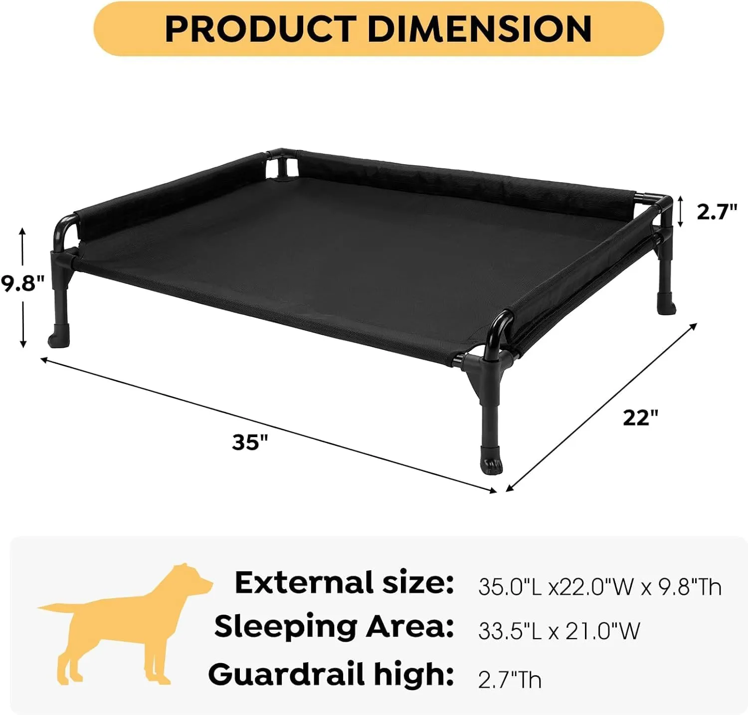 Veehoo Elevated Raised Dog Bed-Cooling Outdoor Dog Cots for Large Sized Dogs Three-Sided Fence Raised Pet Cot with Durable & Breathable Mesh & No-Slip Feet Pet Hammock Bed-35"x 22" Black