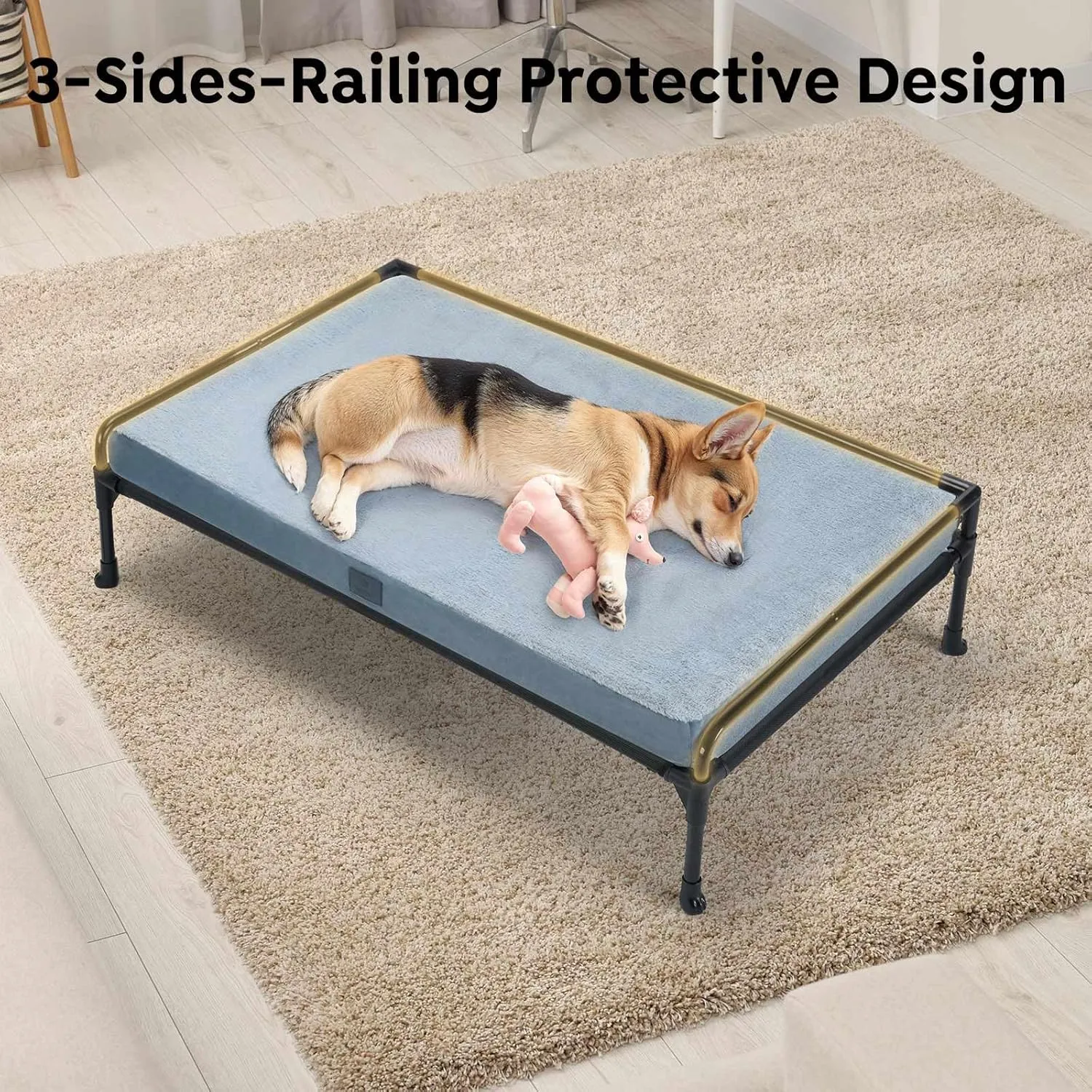 Veehoo Elevated Raised Dog Bed Removable Dog Bed Mat-Cooling Outdoor Medium Pet Cot Three-Sided Guardrail Raised Pet Cot Elevated Hammock Ded with Bolster-29 x18 Black