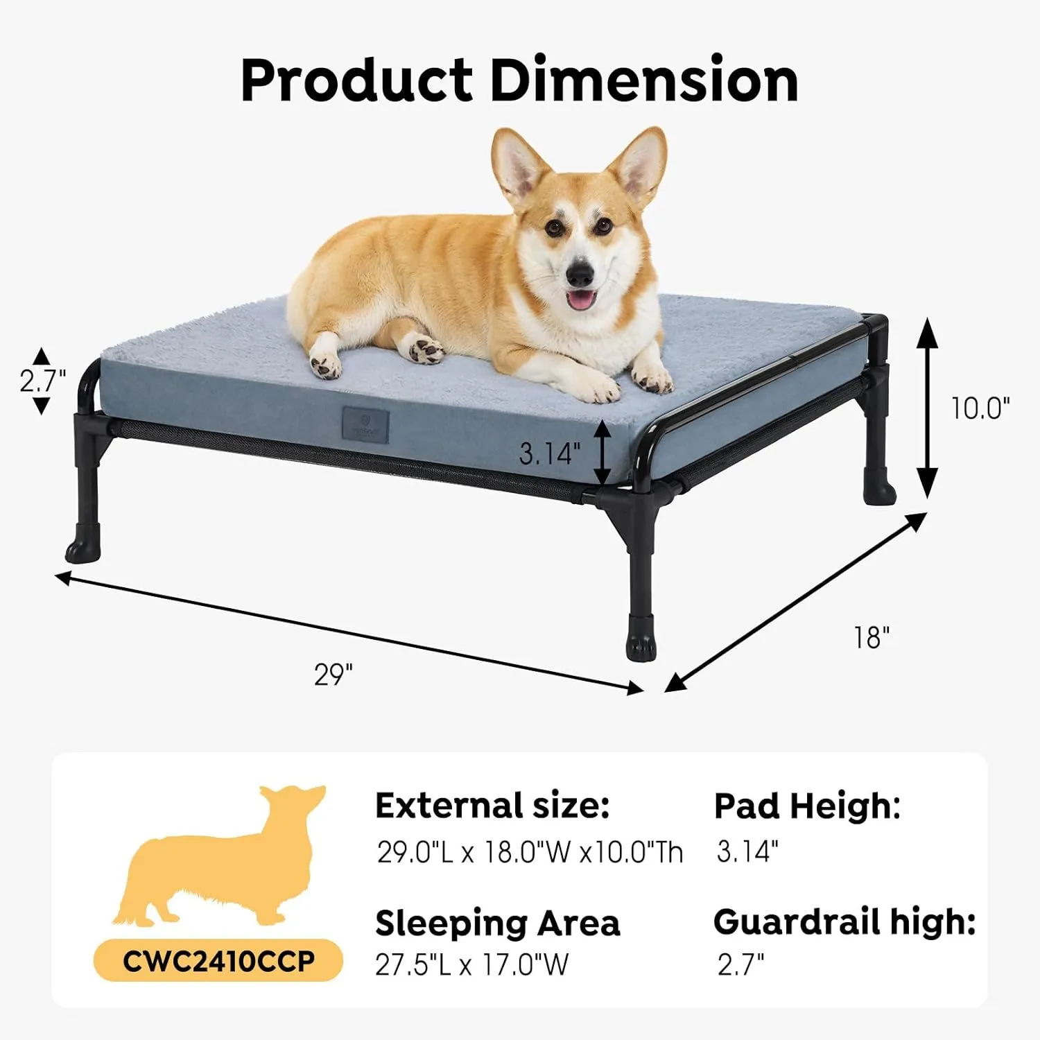 Veehoo Elevated Raised Dog Bed Removable Dog Bed Mat-Cooling Outdoor Medium Pet Cot Three-Sided Guardrail Raised Pet Cot Elevated Hammock Ded with Bolster-29 x18 Black