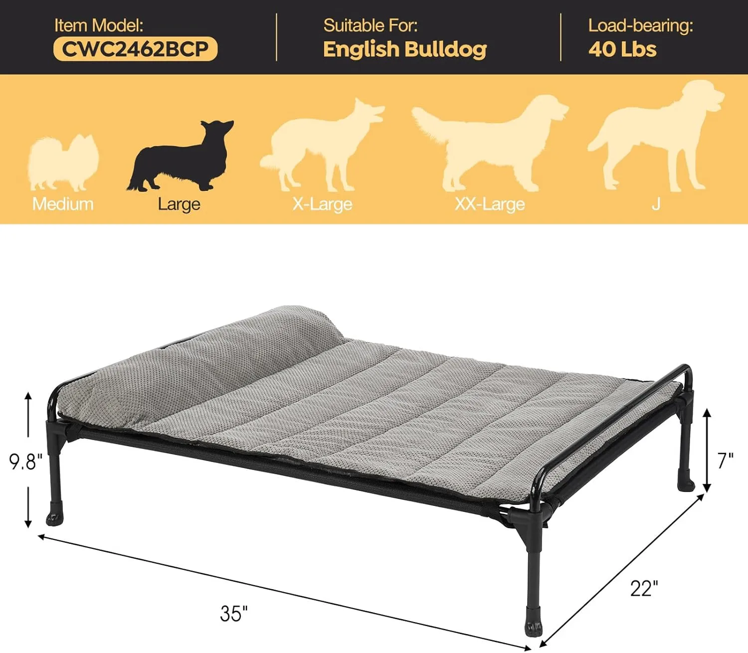Veehoo Elevated Raised Dog Bed Removable Padded Bolster-Cooling Outdoor Indoor Dog Cot Bed with Railing for Large Sized Dogs, Pet Cot Dog Hammock Bed Elevated Dog Couch Ded with Bolster-35 x 22"