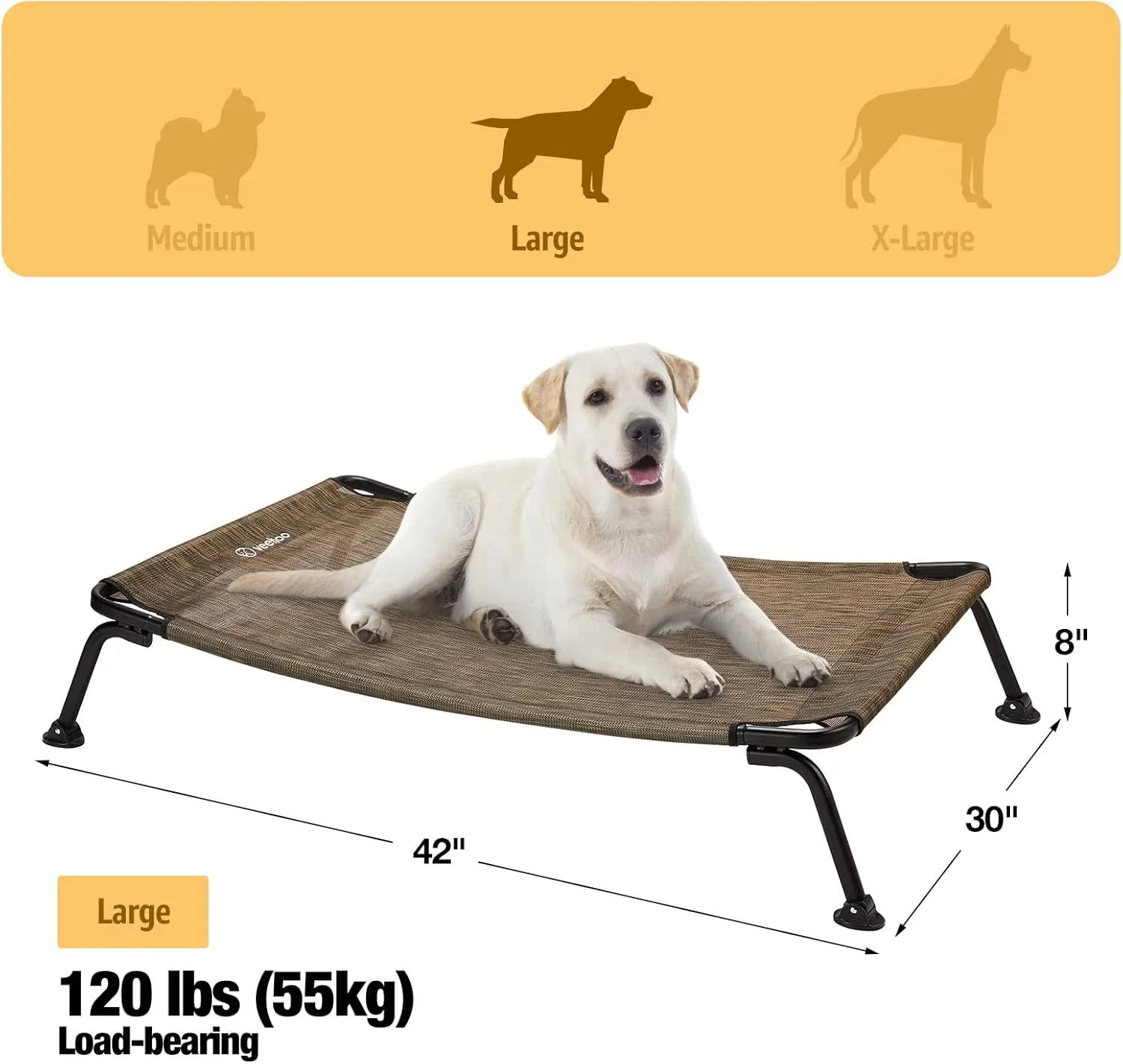 Veehoo Elevated Raised Dog Cot Beds, Curved Outdoor Dog Bed Elevated Dog Bed Off Ground Lifted Hammock Indoor Pet Bed with Breathable Teslin Mesh for Indoor Outdoor, up to 120lbs, Brown 42"