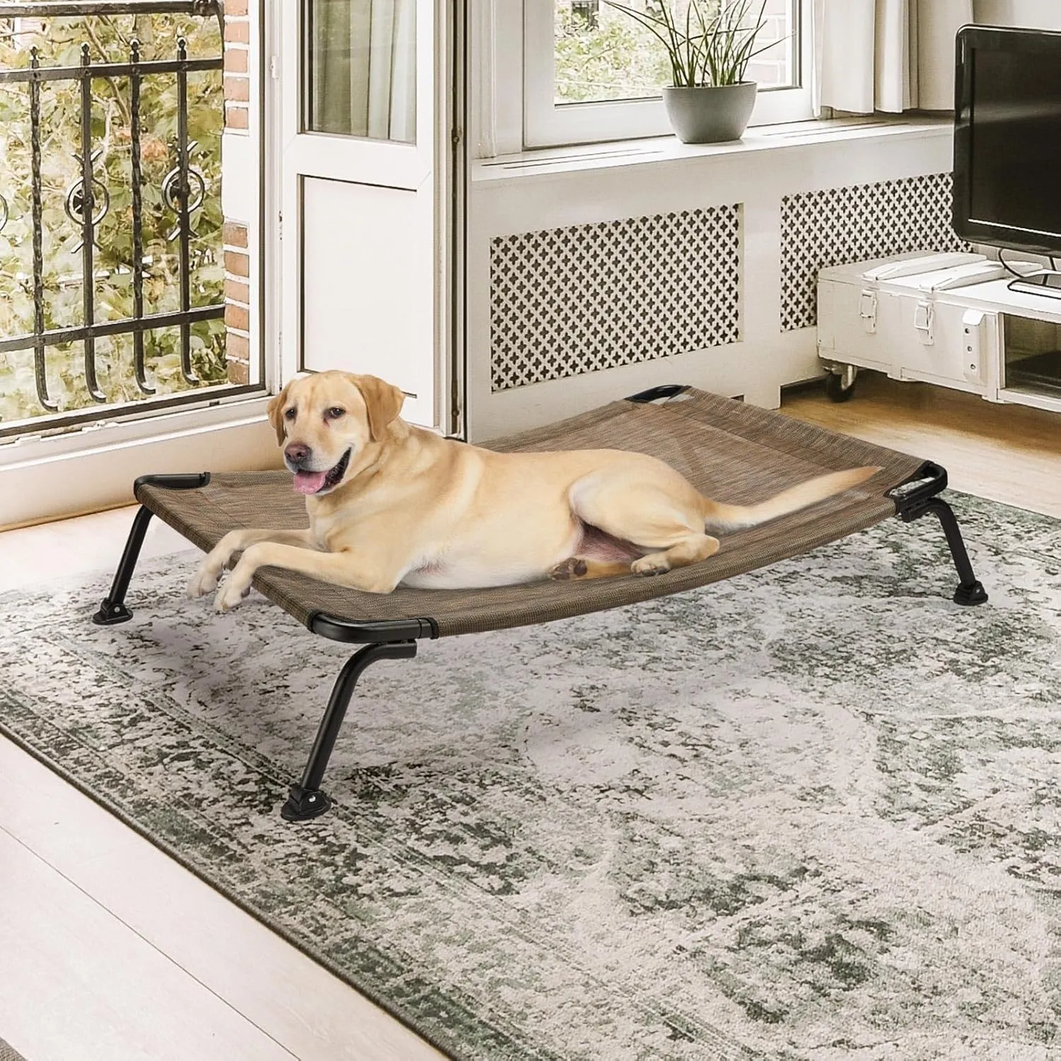 Veehoo Elevated Raised Dog Cot Beds, Curved Outdoor Dog Bed Elevated Dog Bed Off Ground Lifted Hammock Indoor Pet Bed with Breathable Teslin Mesh for Indoor Outdoor, up to 120lbs, Brown 42"