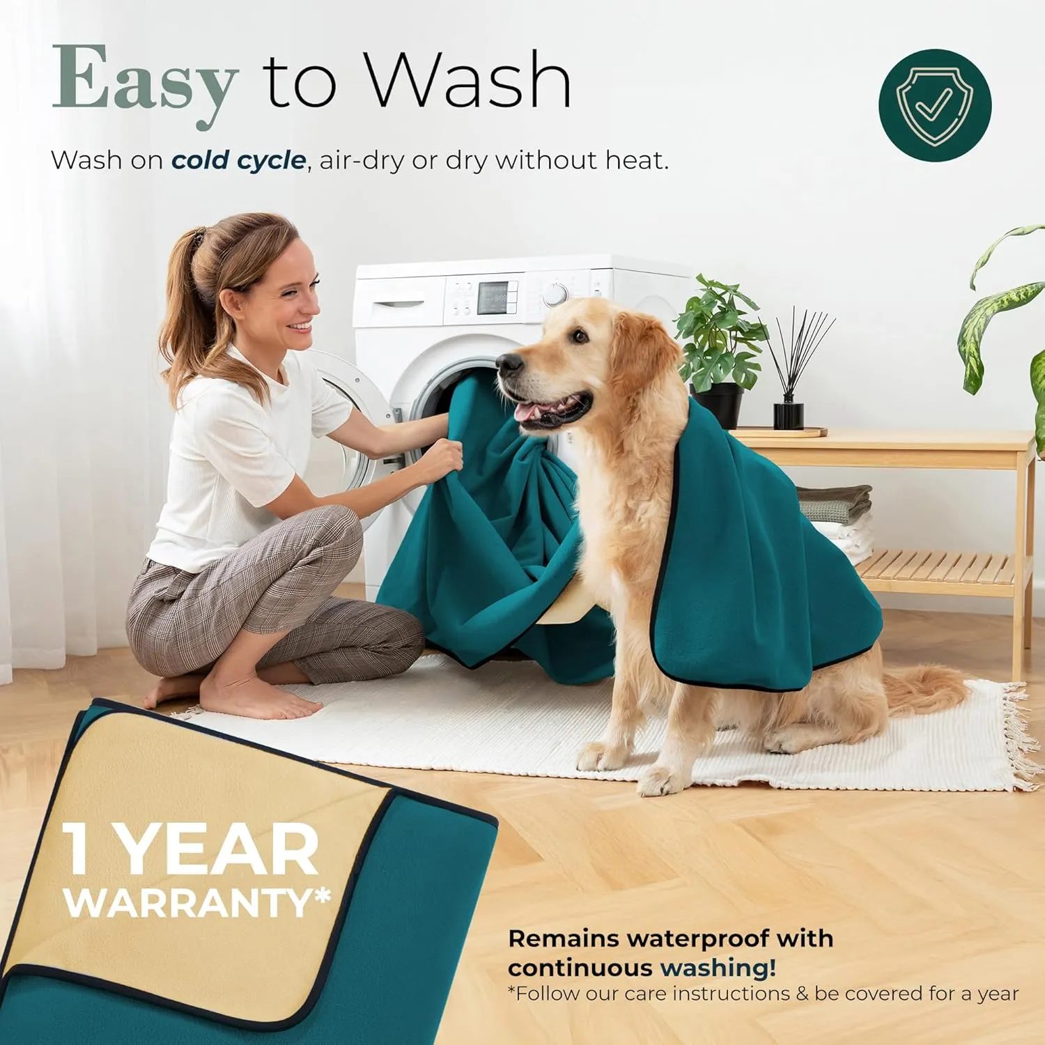 Waterproof Blanket for Bed - Waterproof Dog Blanket for Large Dogs - Pet Blankets for Bed/Couch/Dog Crate, Soft Reversible Furniture Protector, Perfect for Couples or Pets, Navy Teal/Beige