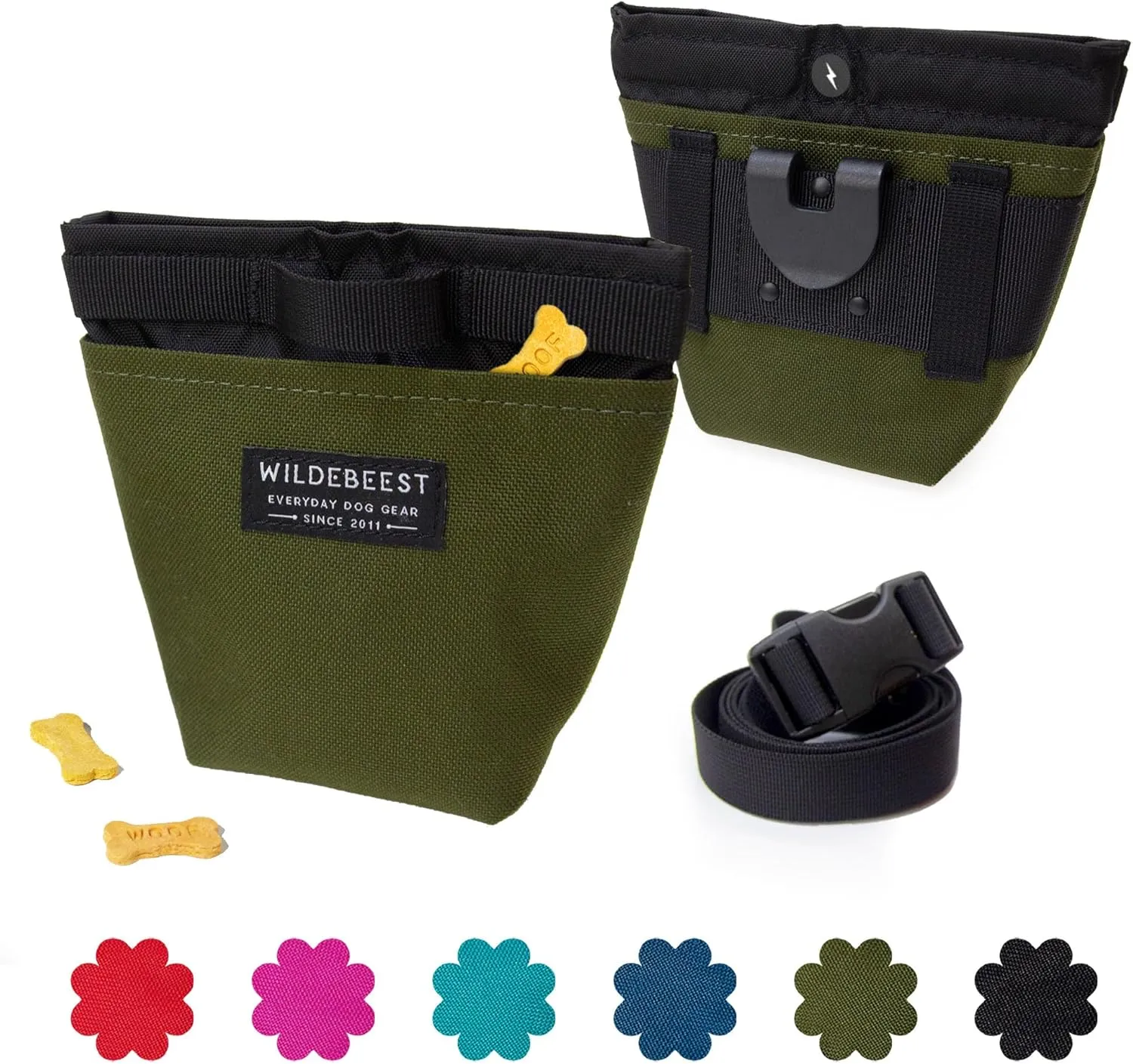 Wildebeest Dog Treat Pouch, Dog Treat Bag, Dog Training Treat Pouch, Dog Travel Bag, Pet Treat Pouch, Magnetic Closure, 2 Water-Resistant Compartments, Detachable Waist Strap & Belt Clip