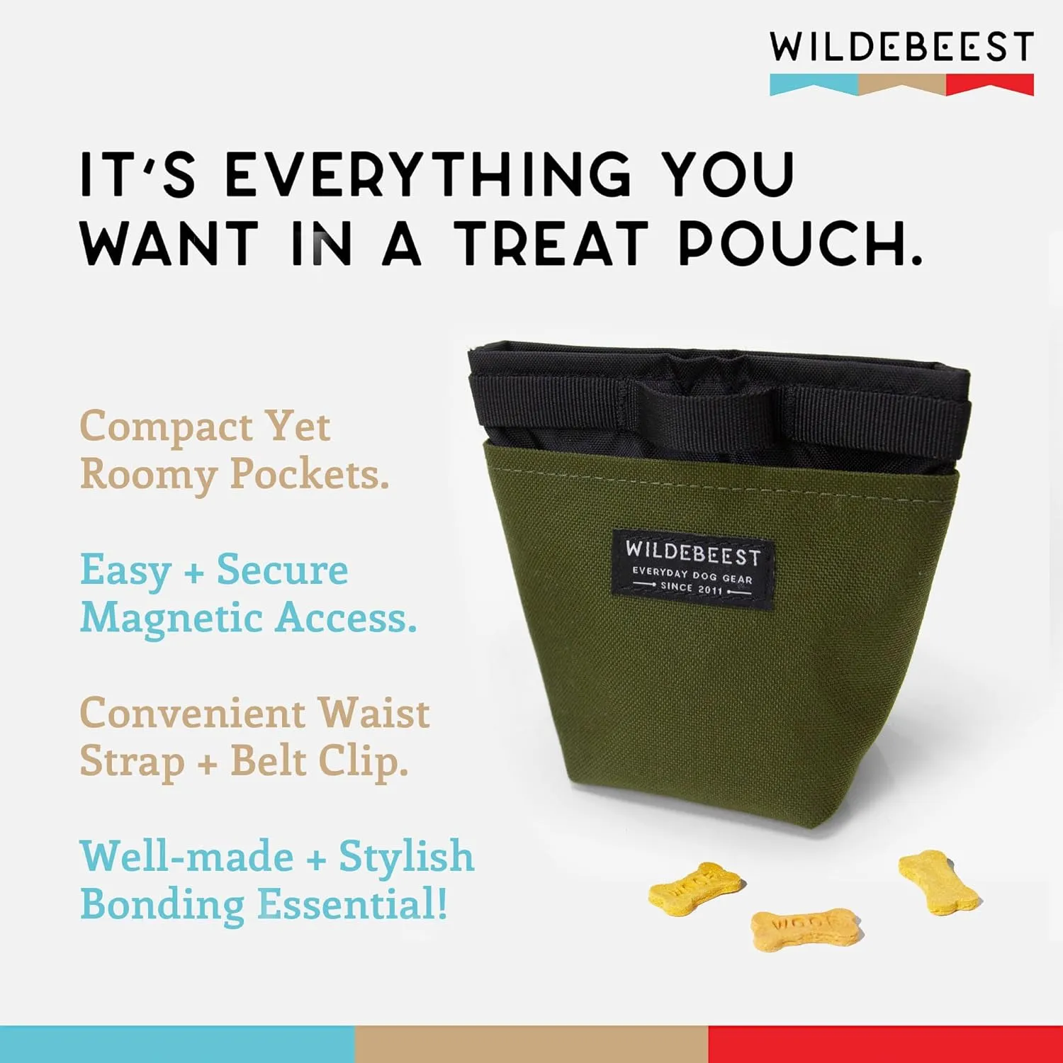 Wildebeest Dog Treat Pouch, Dog Treat Bag, Dog Training Treat Pouch, Dog Travel Bag, Pet Treat Pouch, Magnetic Closure, 2 Water-Resistant Compartments, Detachable Waist Strap & Belt Clip