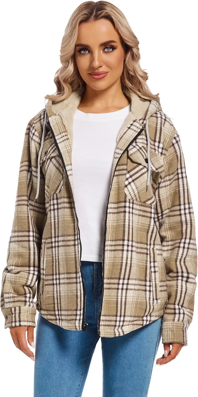 Women's Full Zip Fleece Flannel Jacket Plaid Sherpa Lined Jacket for Women