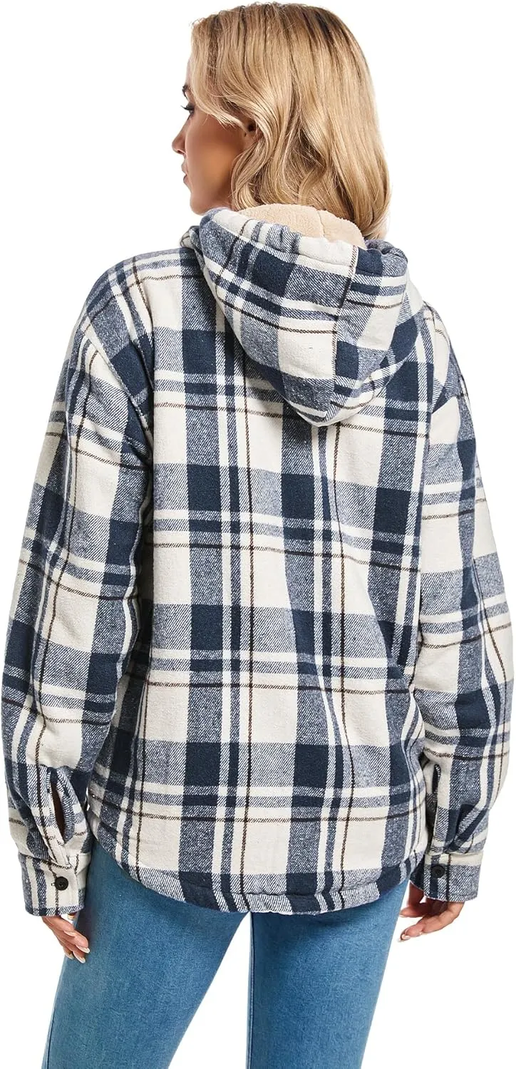 Women's Full Zip Fleece Flannel Jacket Plaid Sherpa Lined Jacket for Women