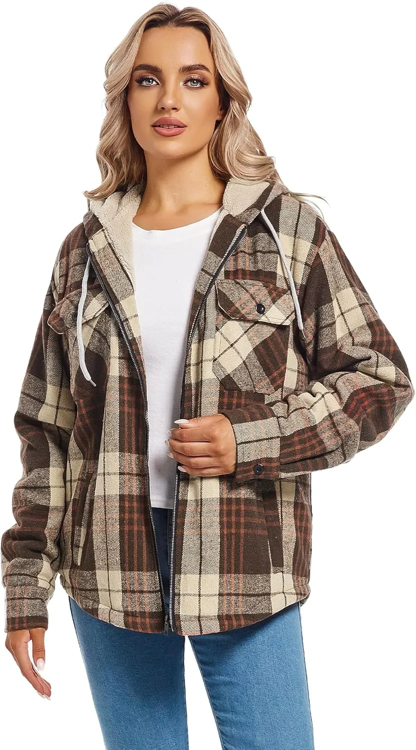 Women's Full Zip Fleece Flannel Jacket Plaid Sherpa Lined Jacket for Women