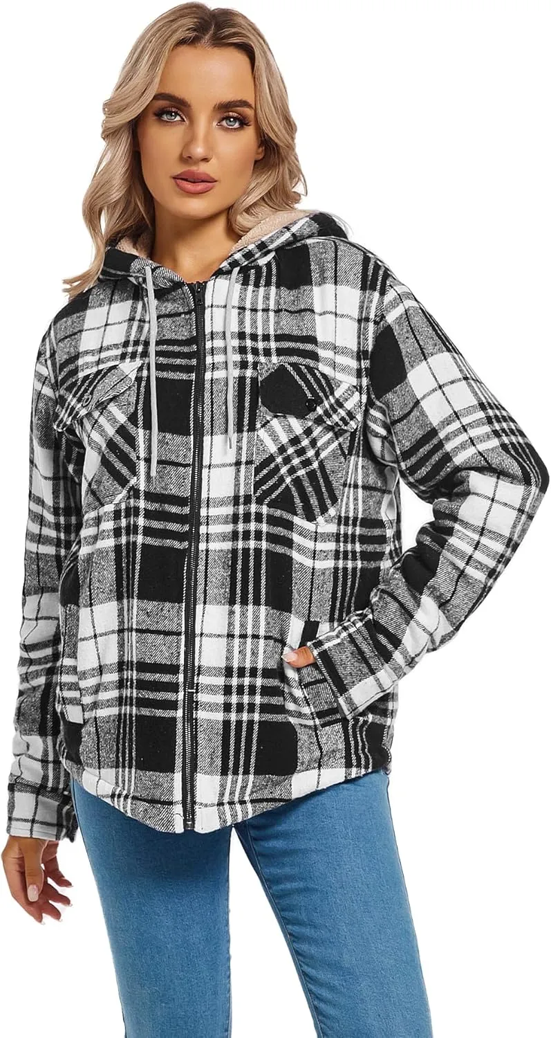 Women's Full Zip Fleece Flannel Jacket Plaid Sherpa Lined Jacket for Women