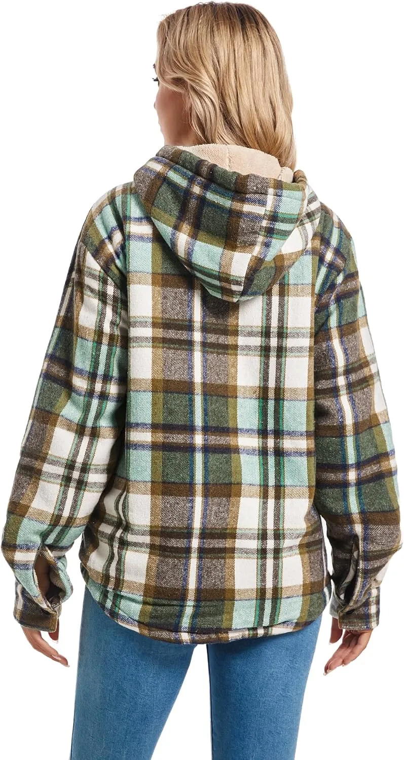 Women's Full Zip Fleece Flannel Jacket Plaid Sherpa Lined Jacket for Women